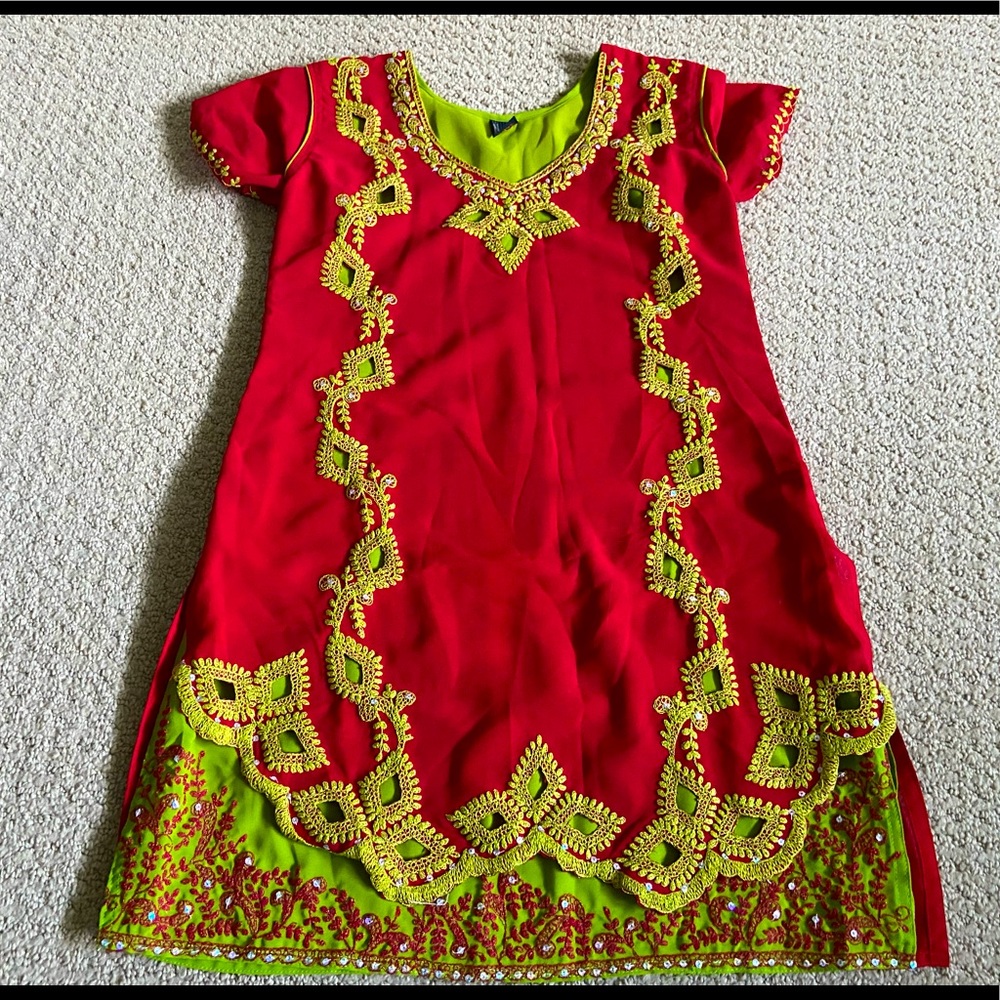 Indian-inspired Desi Red and Green Embroidered Tunic